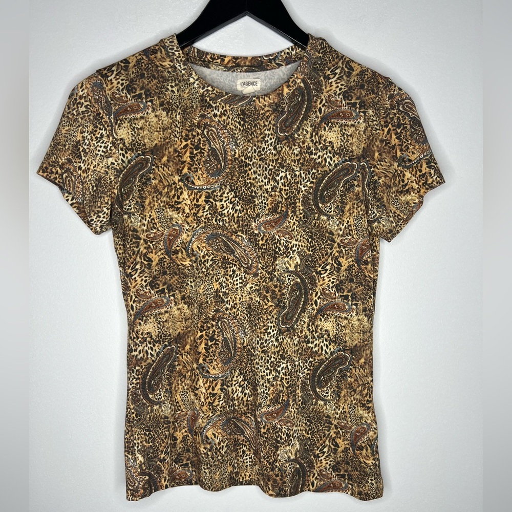 L’Agence Ressi Top XS Brown Blu Valencia Leopard Print Stretch Tee Y2K Luxury